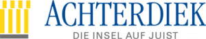 Achterdijk logo with blue wordmark and yellow vertical bars on the left.