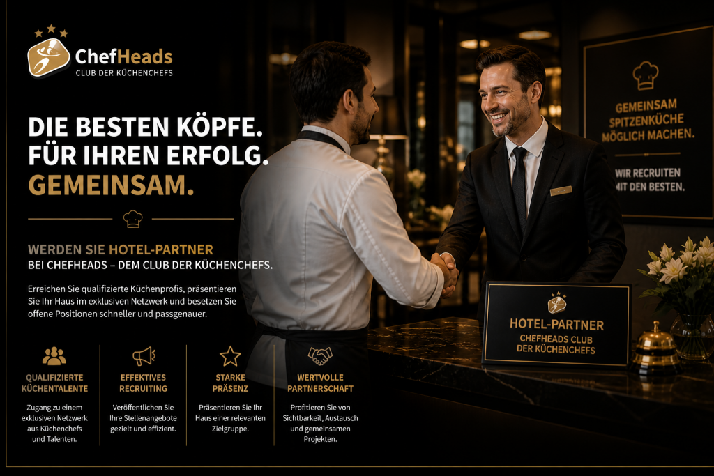 Handshake between two suited men in a luxury hotel lobby on a ChefHeads recruitment banner (German: 'Die besten Köpfe. Für Ihren Erfolg. Gemeinsam.').