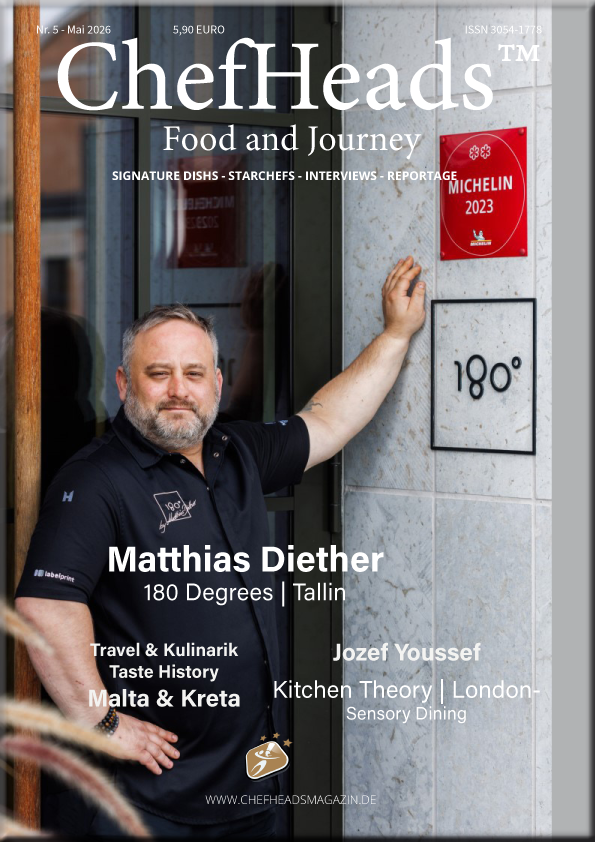 ChefHeads magazine cover: a chef stands at a restaurant doorway with a red Michelin 2023 plaque, and text including "180 Degrees | Tallinn" and multiple article teasers.
