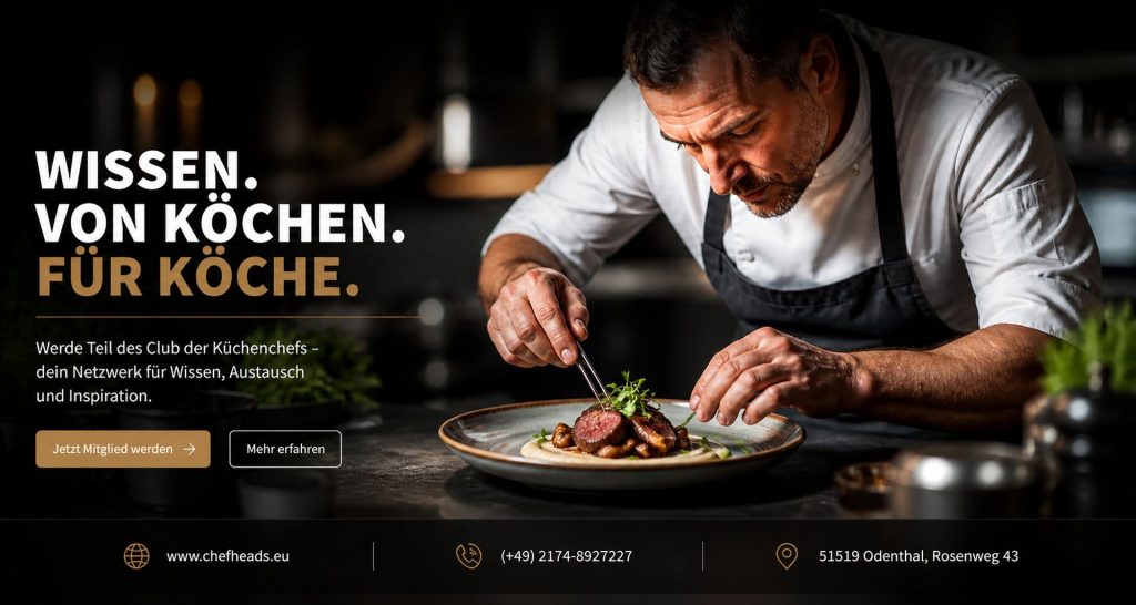 Chef in weißem Hemd und schwarzer Schürze garniert sorgfältig ein Gericht in einer düsteren Küche; linker Seitenbereich zeigt die deutsche Überschrift 'Wissen. Von Köchen. Für Köche.'