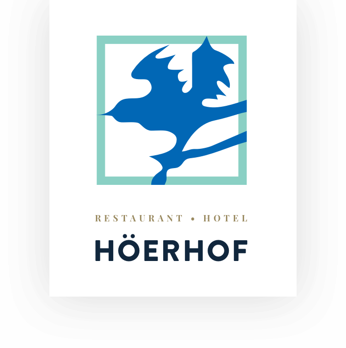 Logo for Höerhof Restaurant & Hotel: blue abstract bird inside a teal square frame with 'HÖERHOF' below.