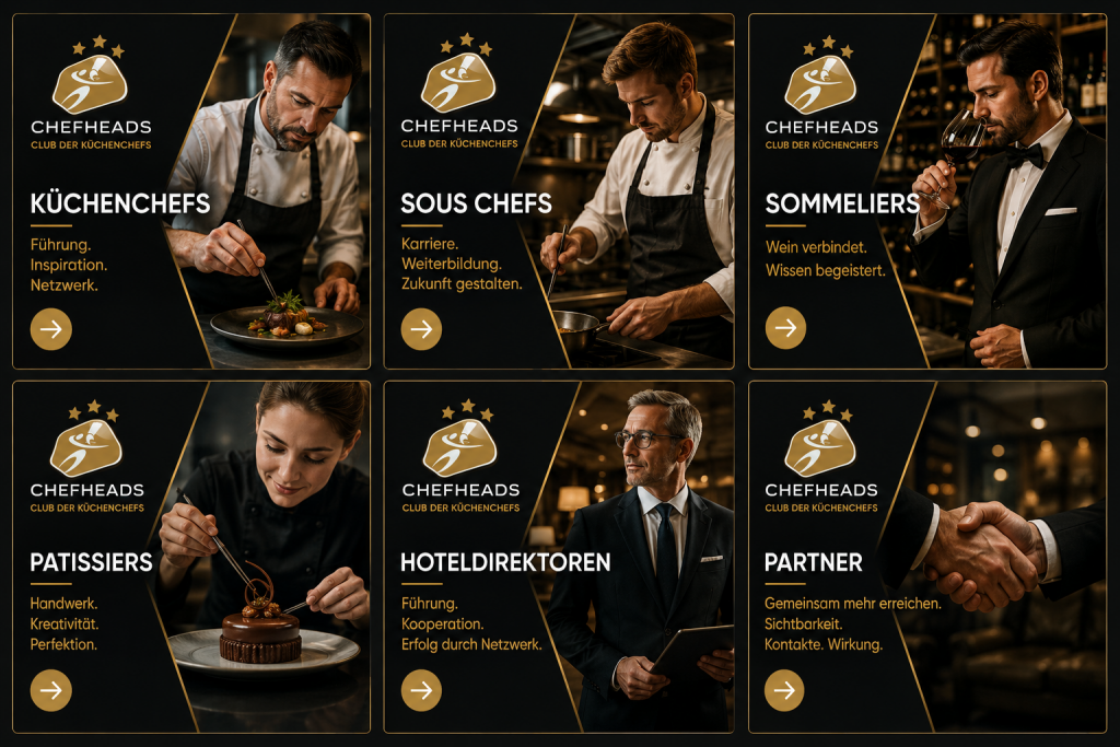Gesamt ChefHeads - ChefHeads-Club der Küchenchefs Panel for Küchenchefs: a chef plates a dish in a dark, luxe setting with the Chefheads logo; text reads Küchenchefs—Führung, Inspiration, Netzwerk.