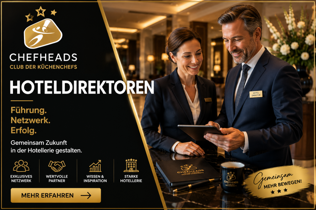 Hoteldirektoren - ChefHeads-Club der Küchenchefs Promotional banner showing two hotel directors in suits reviewing a tablet in a hotel lobby, with CHEFHEADS branding and German slogans.
