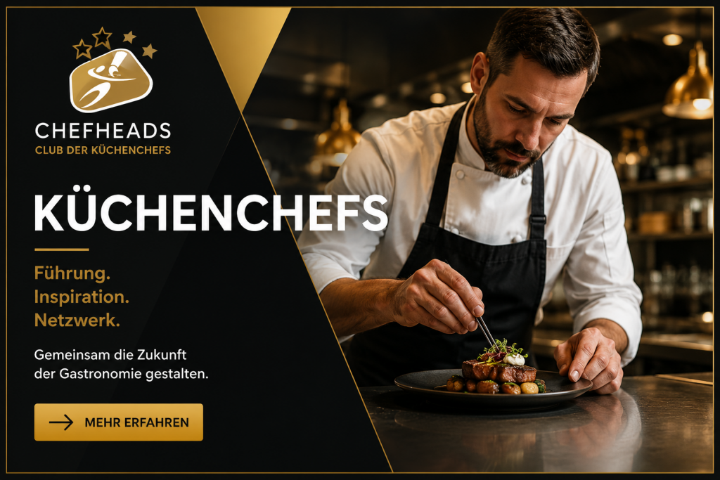 Promotional banner with a chef plating a dish in a dark kitchen; bold 'KÜCHENCHEFS' text and 'MEHR ERFAHREN' CTA on gold-black design.