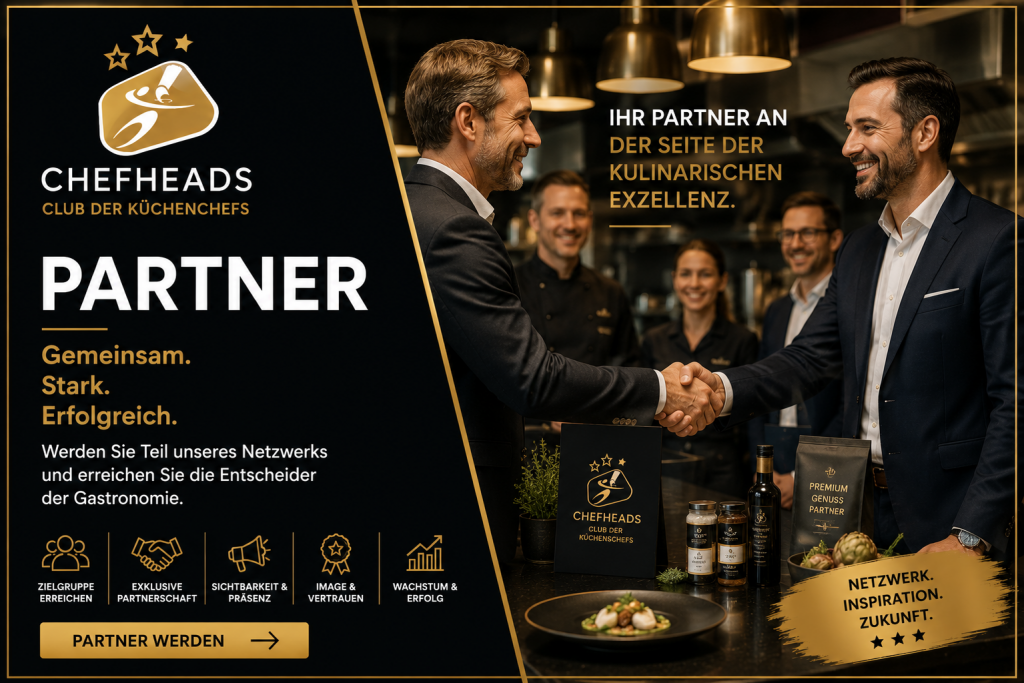 Partner banner: two suited men shake hands in a classy kitchen setting beside CHEFHEADS branding and bold 'PARTNER' title.