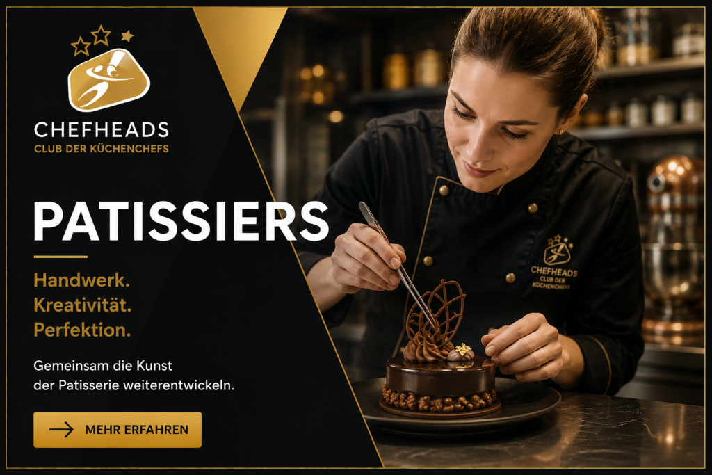 Patissiers - ChefHeads-Club der Küchenchefs Patissierin dekoriert eine Schokoladentorte in einer Schwarz-Gold-Werbebanner für CheFHEADS Club der Küchenchefs.