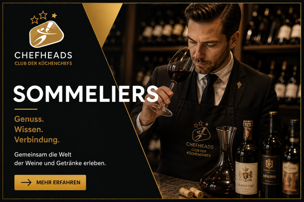Sommeliers - ChefHeads-Club der Küchenchefs Banner featuring a sommelier in a black suit tasting red wine at a wine bar, with ChefHeads logo on the left and gold accents.
