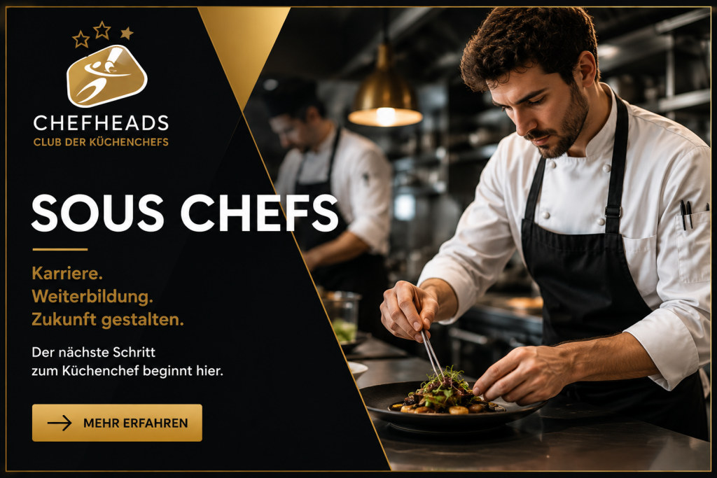 Sous chefs - ChefHeads-Club der Küchenchefs Banner advertisement for Sous Chefs by Chefheads with German tagline 'Karriere. Weiterbildung. Zukunft gestalten' and 'Mehr erfahren' button; shows a chef plating in a professional kitchen on the right, black‑gold design on the left.