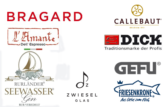 Collage of multiple brand logos for culinary and beverage products, including Bragard, Callebaut, Dick, Gefu, Friesenkrone, SeeWasser Gin, Zwiesel Glas, and Zwiesel.