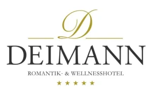 Deimann Romantik- & Wellnesshotel logo with gold D monogram, bold DEIMANN text, tagline, and five gold stars