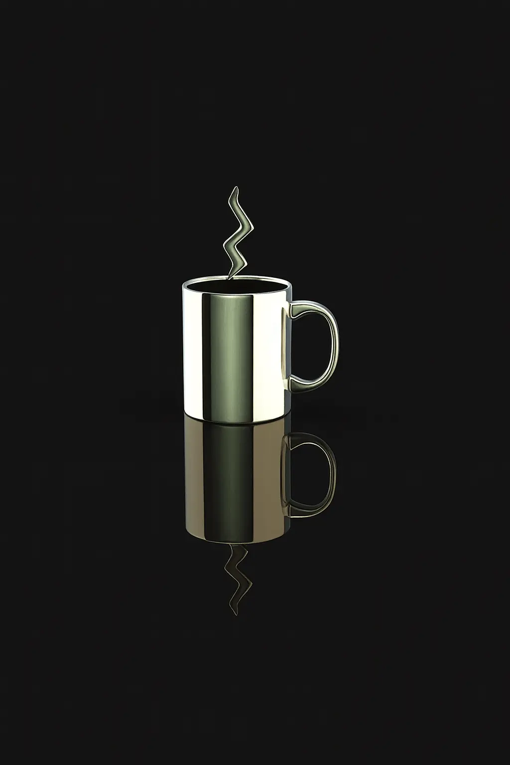 Shiny metallic mug with a zigzag steam curl rising above, set on a reflective black surface