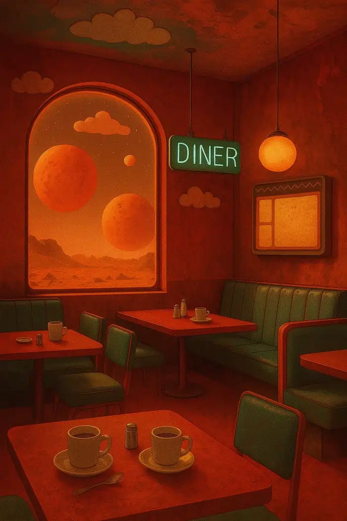 Retro diner interior with orange lighting, green booths, red tables, and cups on the tables; a neon 'DINER' sign hangs by a window showing a planetary scene.