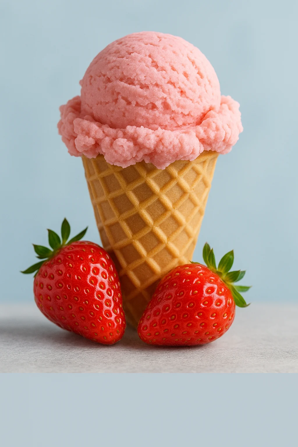 Pink ice cream scoop in a waffle cone with two fresh strawberries beside it on a pale blue background.