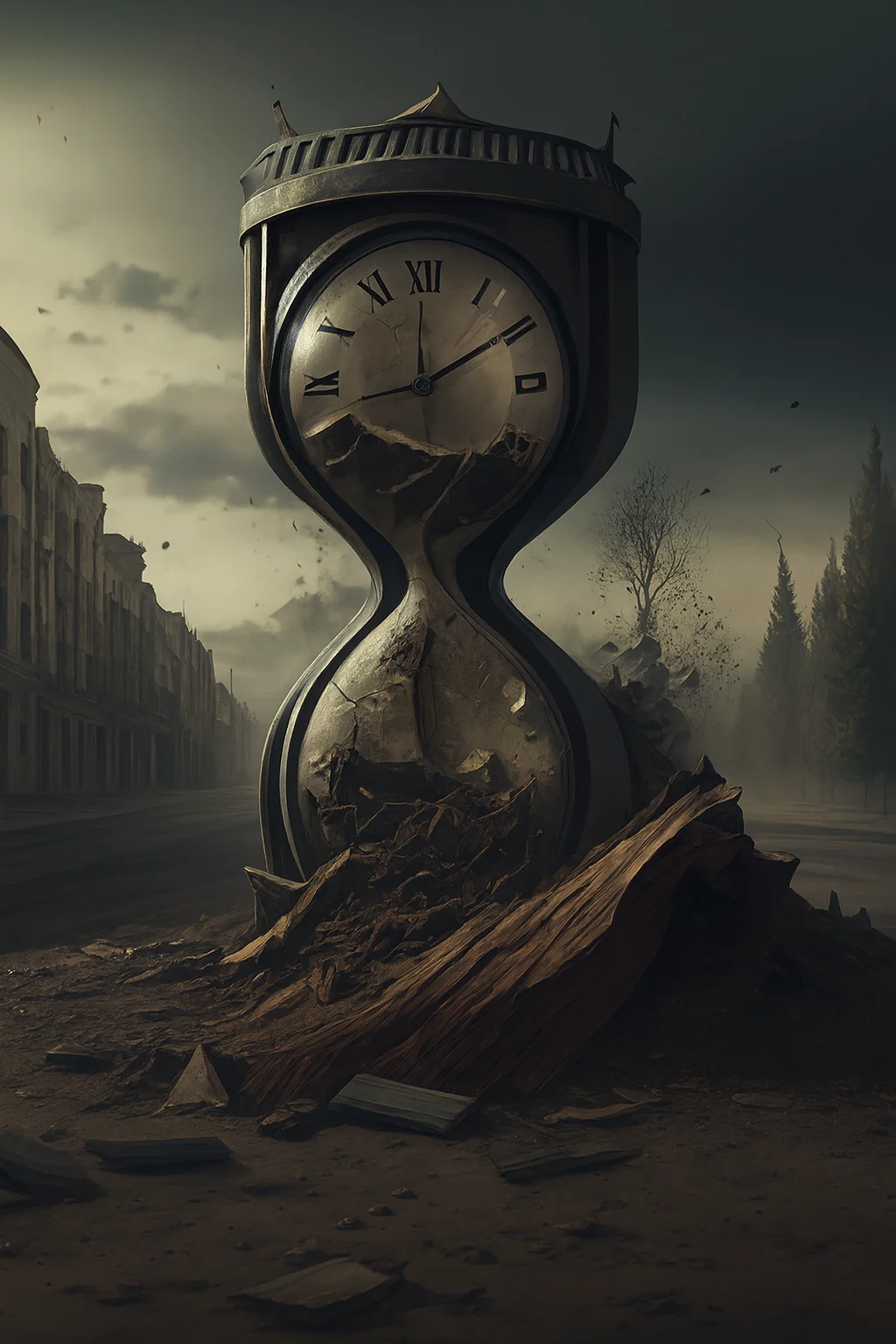Giant cracked hourglass in a ruined city street, suggesting time running out and destruction around it.
